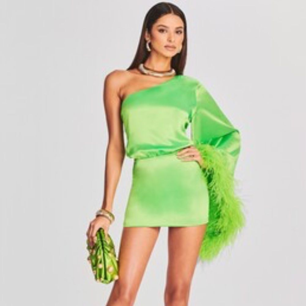 Retrofete Neon Green One-Shoulder Mini Dress with Feather Trim